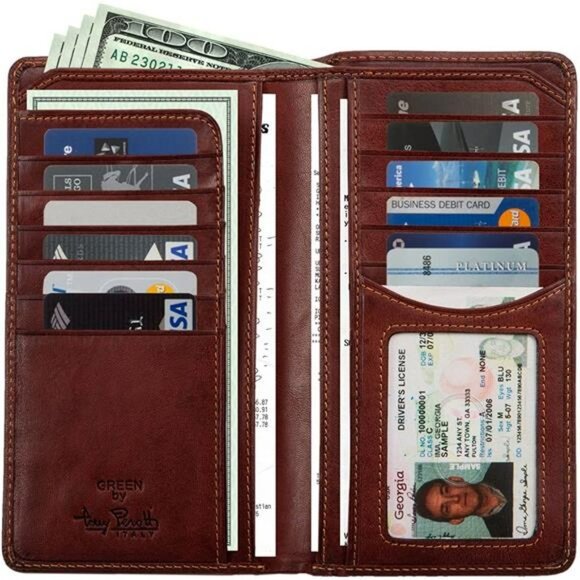 Mens Long Bifold Checkbook Cover Wallet Multi Card Pocket Holder Italian Leather - Picture 1 of 6